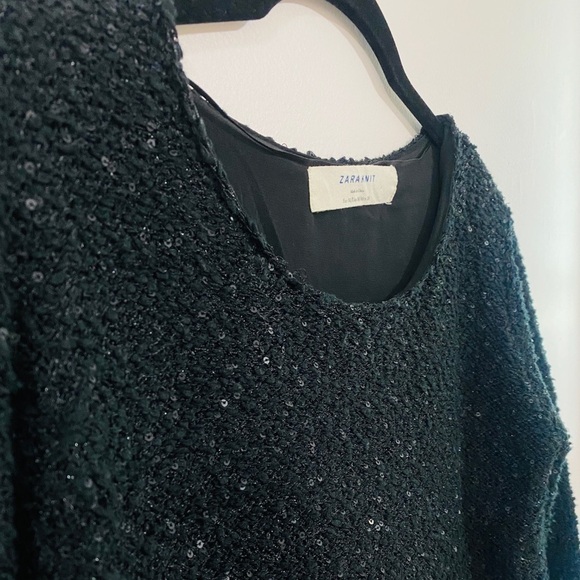 𝅺Zara Knit Sequin Black Sweater with Chiffon High Low Hem Size Medium - Picture 2 of 7